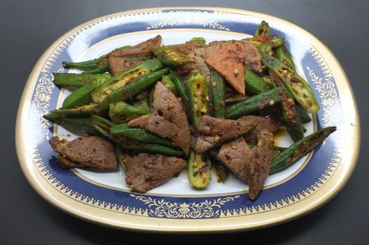 Stir fried pork liver with okra, lady's finger