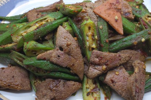 Stir fried pork liver with okra, lady's finger