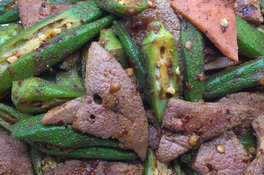 Stir fried pork liver with okra, lady's finger