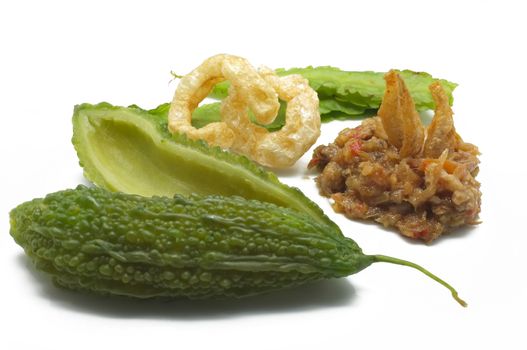Shrimp paste chili sauce with green vegetable and crispy pork, Thai traditional food