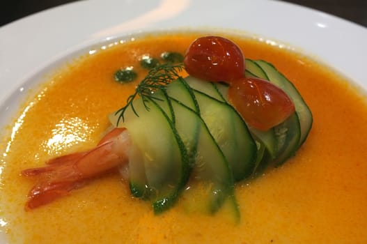 Shrimp rolled with cucumber in spicy sauce, fusion food