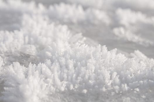 Macro shot of ice crystals melting in the bright Sun