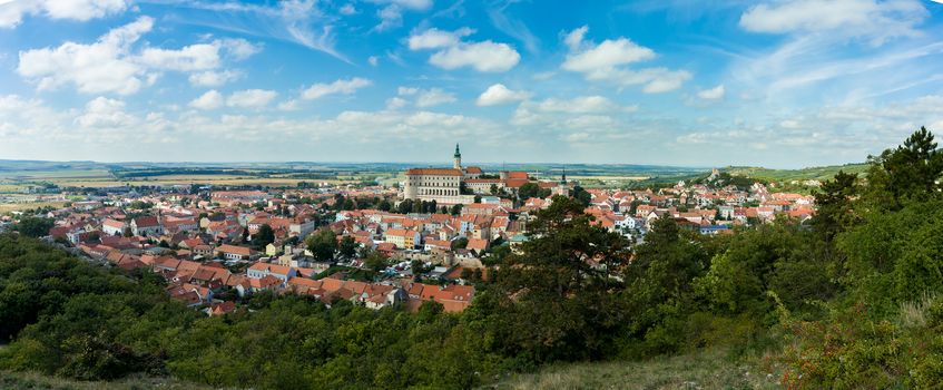 wide panorama of Mikulov city, South Moravia, in the Czech Republic