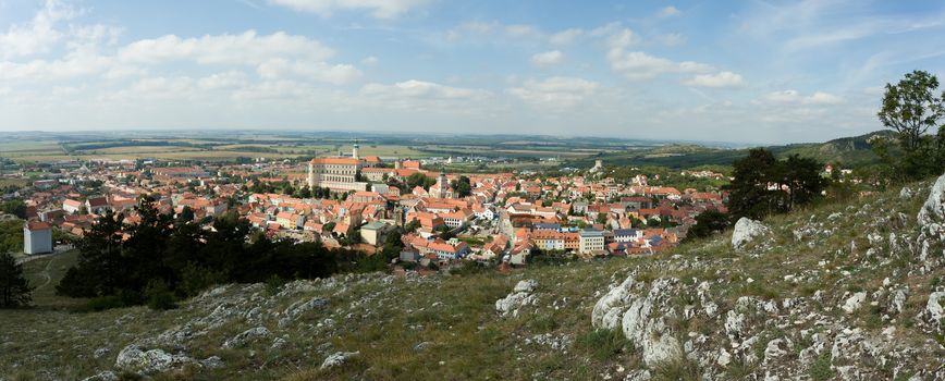 wide panorama of Mikulov city, South Moravia, in the Czech Republic