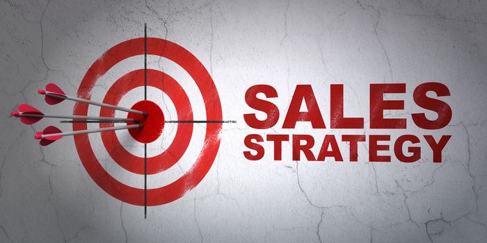 Success advertising concept: arrows hitting the center of target, Red Sales Strategy on wall background