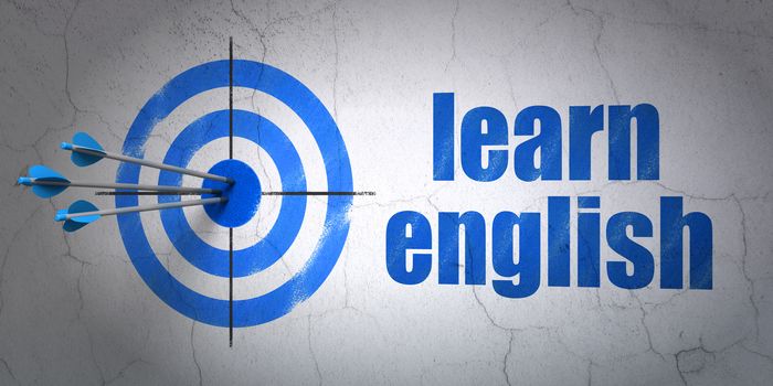 Success Learning concept: arrows hitting the center of target, Blue Learn English on wall background