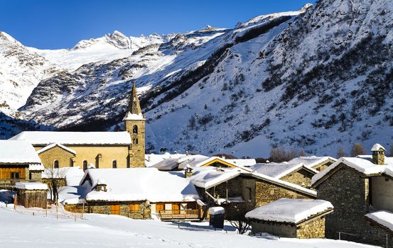 Old village Bonneval-sur-Arc in winter, Savoie, Vanoise, France