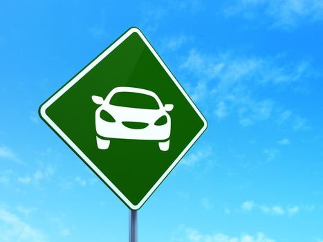 Travel concept: Car on green road highway sign, clear blue sky background, 3d render