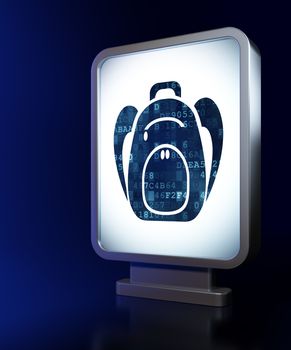 Tourism concept: Backpack on advertising billboard background, 3d render