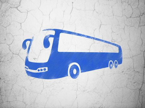 Tourism concept: Blue Bus on textured concrete wall background