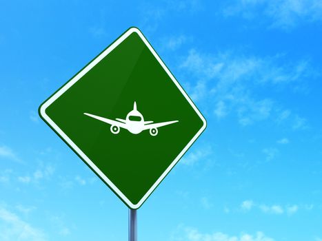 Tourism concept: Aircraft on green road highway sign, clear blue sky background, 3d render