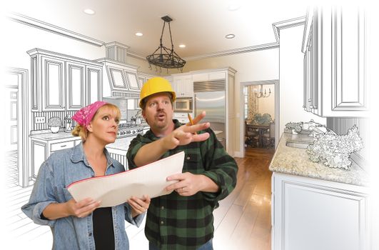 Contractor Talking with Customer Over Custom Kitchen Drawing and Photo Combination.