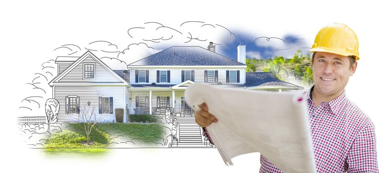 Smiling Contractor Holding Blueprints Over Custom Home Drawing and Photo Combination.