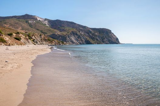 Wild beach on Zakynthos Island with view of Vassilikos peninsula, Greece