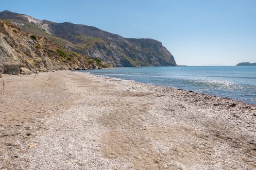 Wild beach on Zakynthos Island with view of Vassilikos peninsula, Greece