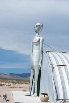 RACHEL, NEVADA/USA – March 30, 2010: The tall metal Alien figure at the Alien Research Center located on Nevada's Extraterrestrial Highway near Area 51.