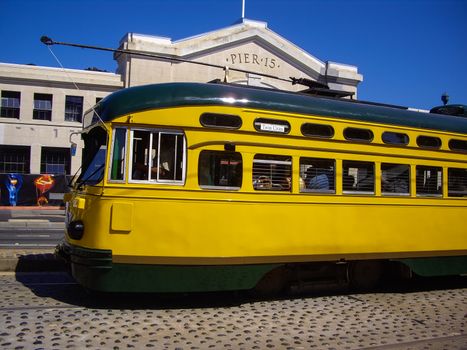 SAN FRANCISCO, CA/USA– SEPT 10 2012: San Francisco's original double-ended PCC streetcars, at San Francisco Pier 15. Popular with tourists the streetcar tram design was first built in USA in 1930s.