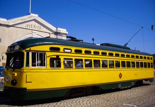 SAN FRANCISCO, CA/USA– SEPT 10 2012: San Francisco's original double-ended PCC streetcars, at San Francisco Pier 15. Popular with tourists the streetcar tram design was first built in USA in 1930s.