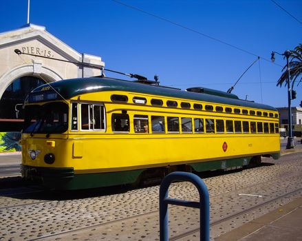 SAN FRANCISCO, CA/USA– SEPT 10 2012: San Francisco's original double-ended PCC streetcars, at San Francisco Pier 15. Popular with tourists the streetcar tram design was first built in USA in 1930s.