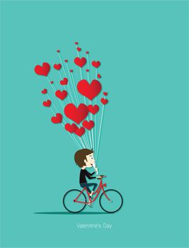 Boy cycling red bicycle with red heart for valentine day