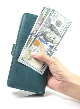 Woman Hand with wallet and USD Money dollar isolated