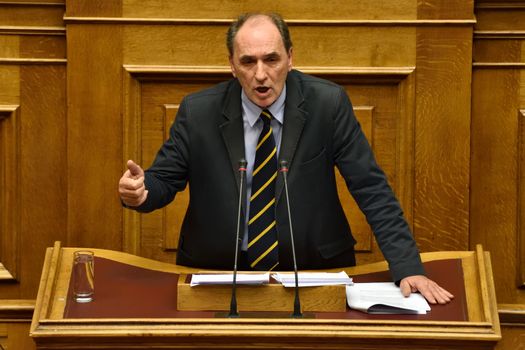 GREECE, Athens : Greece's Economy Minister Giorgos Stathakis addresses the MPS during a parliamentary session ahead of a voting, in Athens, Greece December 15, 2015. Greek parliament votes on reforms needed for the country to receive further financial aid from its international lenders.
