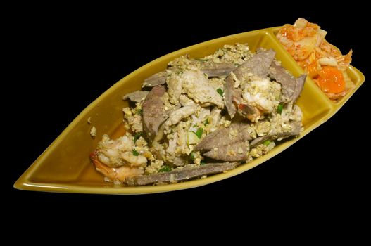 Mixed meat steak with Kimchi in boat shape platter