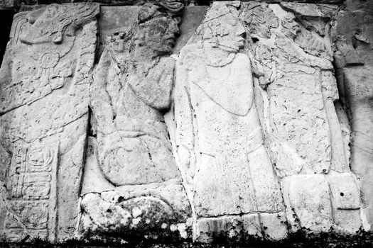 Mayan carvings on a wall of Palenque temple in Mexico