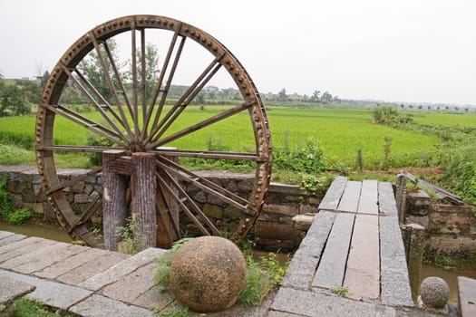Water wheel on a rice field in rural China