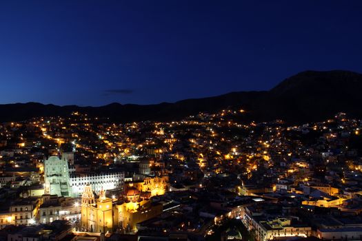 The city of Guanajuato at night in Mexico
