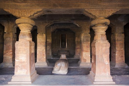 Cave temple cut out from the rock at Badami, India