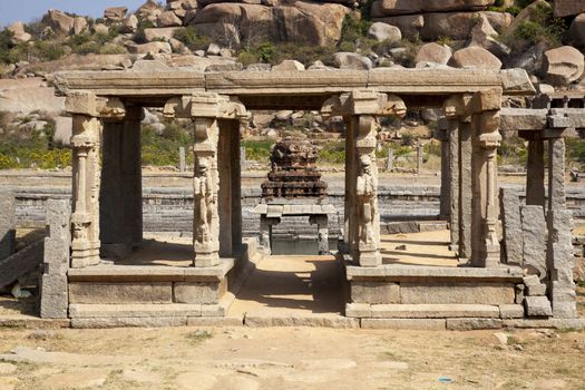 Sacred tanks - Pushkarami at the Krishna Temple near Vittala temple at Hampi, Karnataka, India.