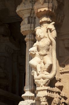 Statue on the Vittala temple - one of the most important structures of the Hampi temple complex in Karnataka, India