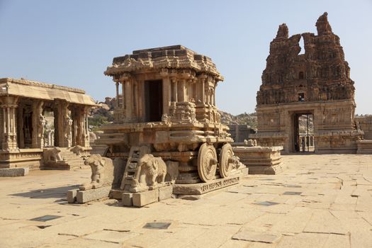 Stone chariot at Vittala temple - one of the highlight of the Hampi temple complex in India