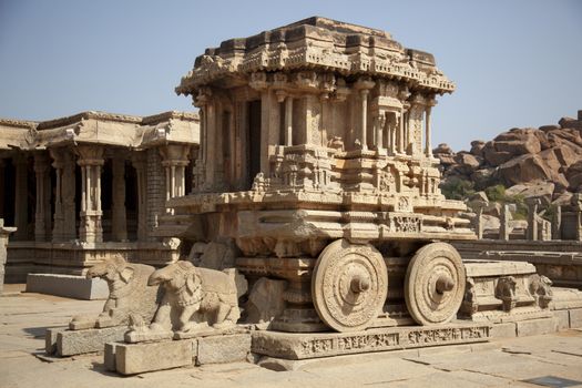 Stone chariot at Vittala temple - one of the highlight of the Hampi temple complex in India