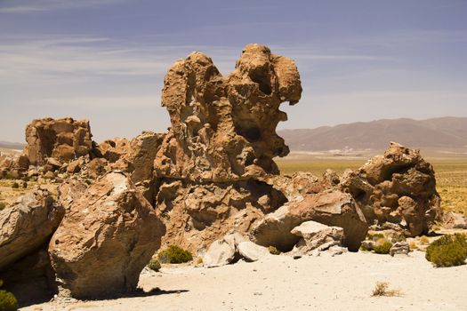 Amazing stone structures made by wind in Uyuni desert.