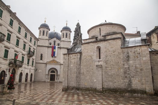 City square in Kotor, Mediterranean city in Montenegro. 