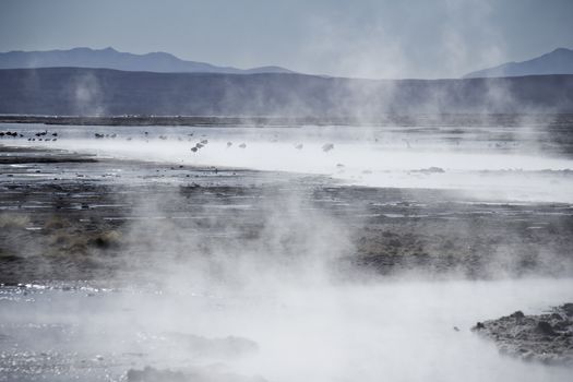 Hot springs in Uyuni salt desert.