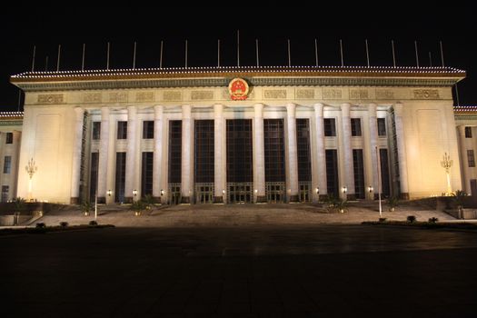 Great Hall of the People at night in Beijing, China.
It is used for legislative and ceremonial activities by the People's Republic of China and the Communist Party of China. It functions as the People's Republic of China's parliament building.
