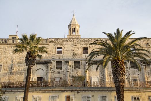 Croatian coastal city Split in Dalmatia on Adriatic coastline. View on a outside wall of Diocletian palace. 