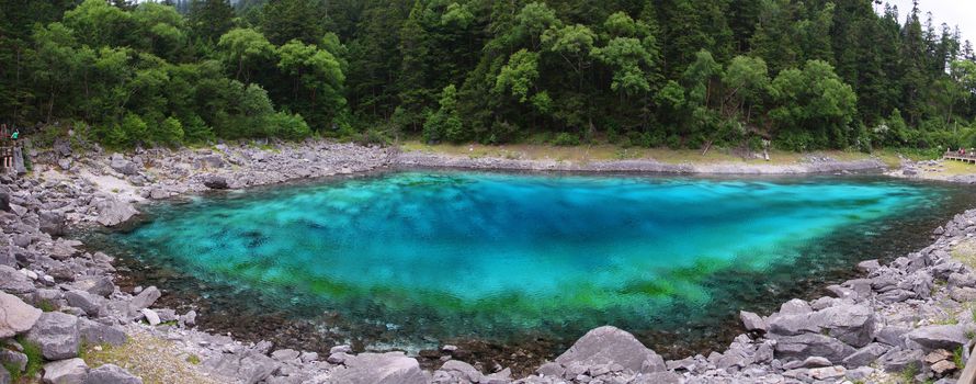 Five color lake panorama from Jiuzhaigou national park in Sichuan, China