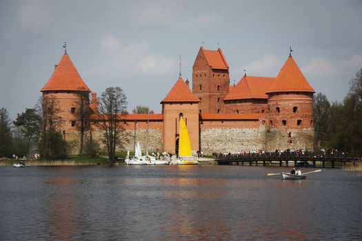 Trakai, Lithuania - April 27, 2008: Trakai Island Castle located on lake Galvė. The build has started in 14th century and was finished about 1409. It is very popular tourist destination in Lithuania.