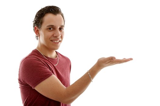 Young man is showing with empty hand over white background