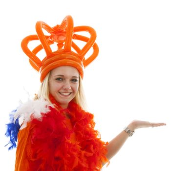 Young woman as Dutch orange supporter is showing something over white background