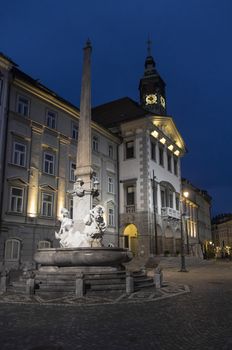 Three Carniolan Rivers Fountain of Robba's fountain in the center of Ljubljana, Slovenia in front of the City Hall in Ljubljana. It was designed by the architect Francesco Robba in 18th century.