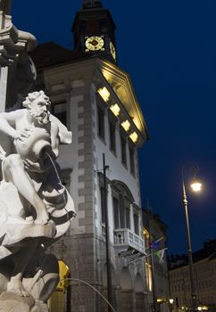 Three Carniolan Rivers Fountain of Robba's fountain in the center of Ljubljana, Slovenia in front of the City Hall in Ljubljana. It was designed by the architect Francesco Robba in 18th century.