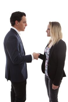 Businessman is shaking young woman hand over white background