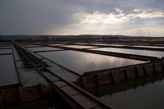 View on Saltpan of Secovlje at dusk