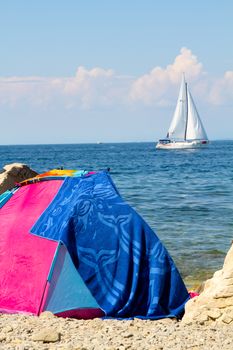 Sunbathing on a beach in Piran, Slovenia