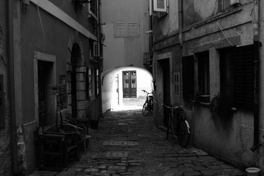 Narow street in mediterainian town of Piran in Slovenia